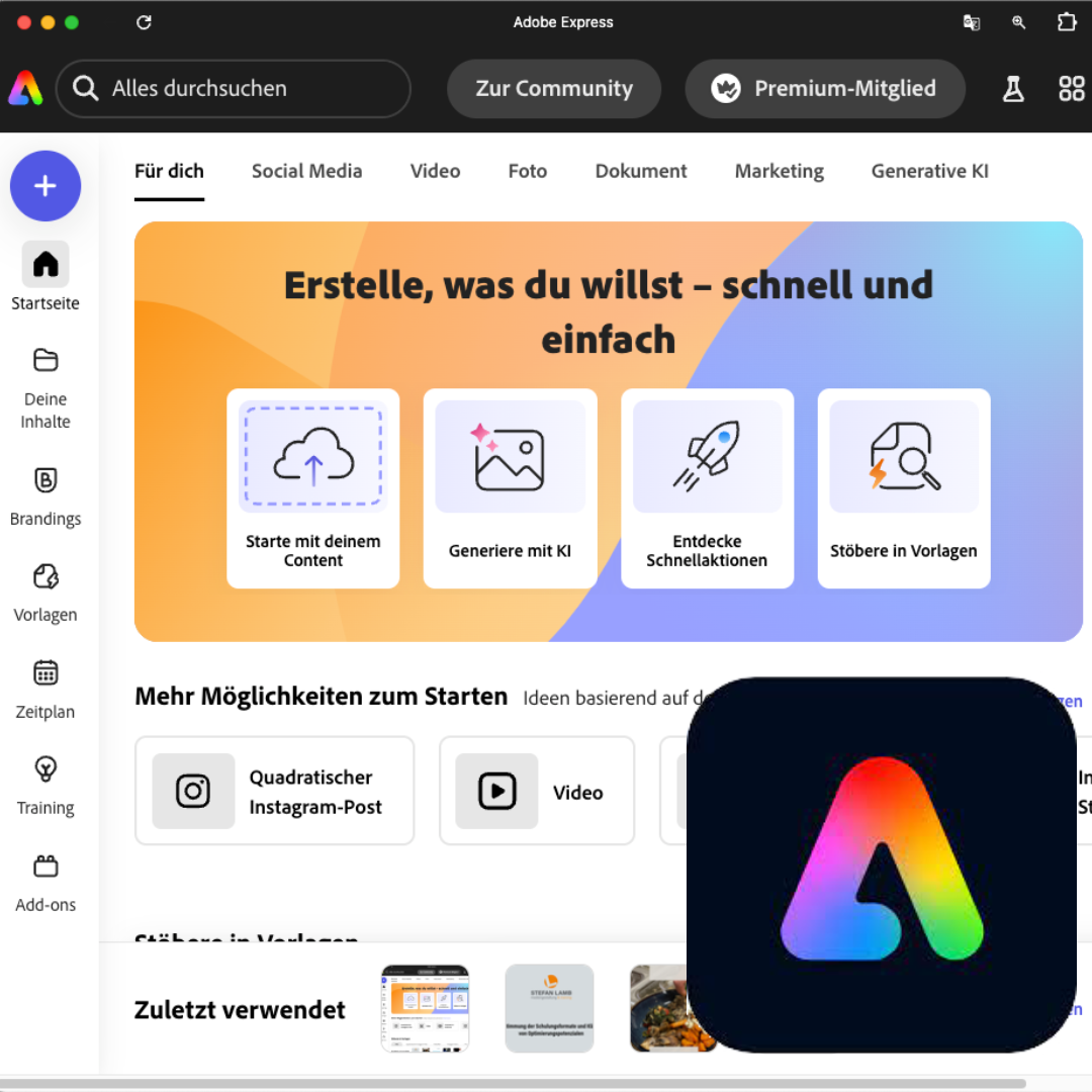 Screenshot von der Programmoberfläche Adobe Express